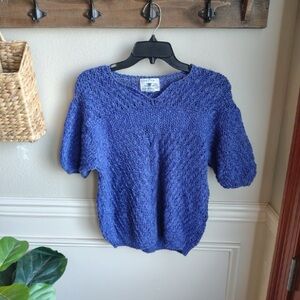 Vtg Hand Knitted Purple Sweater Womens M Blueish/Purple Cable Knit Linen 80s